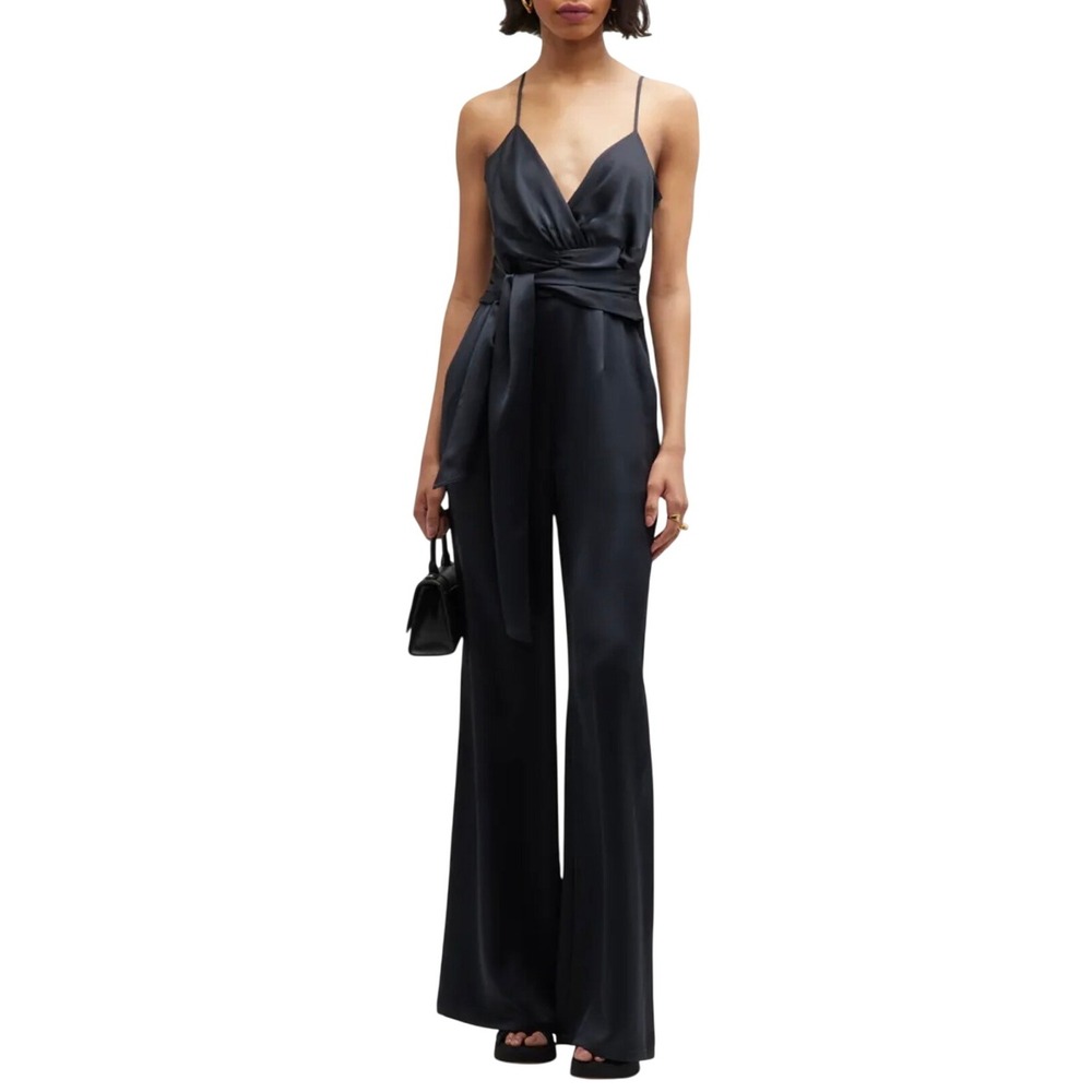 Ramy‎ Brook Willow Black Wide Leg Jumpsuit Tie Waist V Neck $565 MSRP